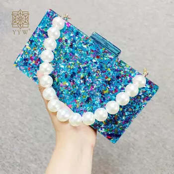 Луксозна Акрилна чанта-клатч с разноцветни пайети, Дамски Квадратна Твърда чанта-калъф с мраморна облицовка, Елегантна Дамска чанта с перлената на веригата за парти