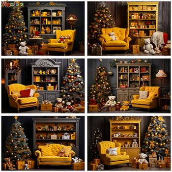 Коледен фон за снимки с анимационни мечка, гардероб, Жълт диван, Коледна Елха, на фона на новородено, детски портретна фотография студио