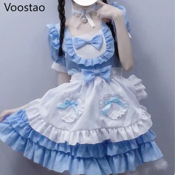 Японското рокля Kawai в стил Лолита За момичета, сини мини рокли за cosplay 