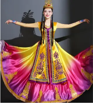 Етнически танц на Синдзян-уйгурския танц, рокля за изпълнения, женска шапка, прическа