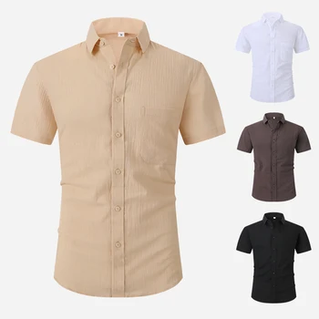 Висококачествени ежедневни ризи от памук и лен Soild за мъже, летни ризи с копчета обикновени засаждане с къс ръкав, Удобни дишащи