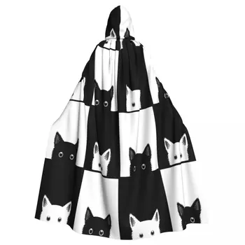 Черно-бяла Шахматна дъска с котка, Дъждобран с качулка, Полиестер, Унисекс, Наметало на Вещица, Аксесоар за костюм