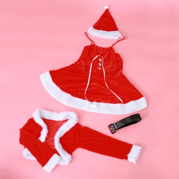 Коледен женски костюм за изяви на Дядо Коледа, дрехи за cosplay, женствена рокля за възрастни с колан, дрехи за ролеви игри (червено, средното)