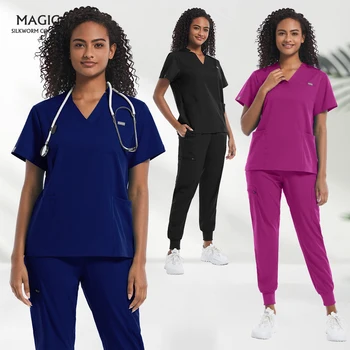 Медицински униформи, дамски комплекти ексфолианти за медицински сестри, костюм болничен лекар, женска хирургична работно облекло, блузи с къс ръкав, панталони, дрехи за хранене