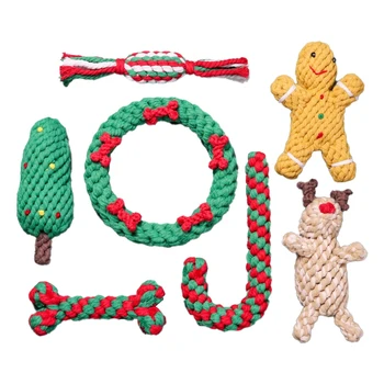 Коледен комплект от 7 предмети, Играчки от памучни въжета за домашни любимци, Играчки за почистване на зъби, Играчки за кучета, Коледни играчки за обучение жеванию