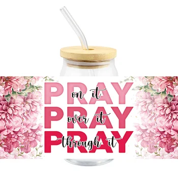 UV-DTF Розова стикер за прехвърляне на молитви, направи си сам, водоустойчив за чаши Върху нея, по Поръчка на етикети, Залепваща Прозрачна банка, бутилка, Канцеларски материали