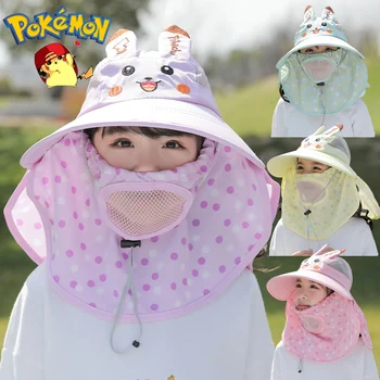 Детска градинска солнцезащитная шапка Pokemon Pikachu, сгъваеми шапки с голяма периферия, защита на врата и лицето, Подвижна маска, Слънцезащитен крем, Дишащи плажни шапки