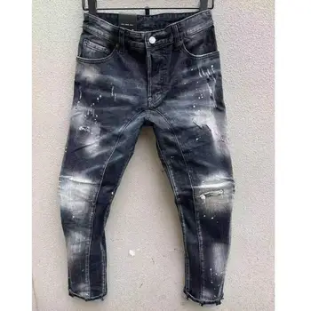 Мъжки новите модни ежедневните дънки Slim Fit от мото - и байкерской деним, панталони с дупки за пръскане на боя, улични панталони T155