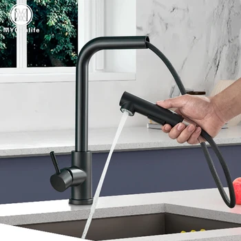 Черно плъзгаща батерия за кухненска мивка, два модела мастилено-струен пръскачка, смесител за топла и студена вода от неръждаема стомана, комплект